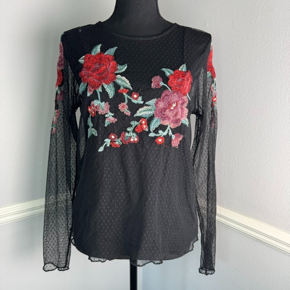 AE Outfitters women's Embroidered Sheer Floral Rose Mesh Whimsigoth Grunge L